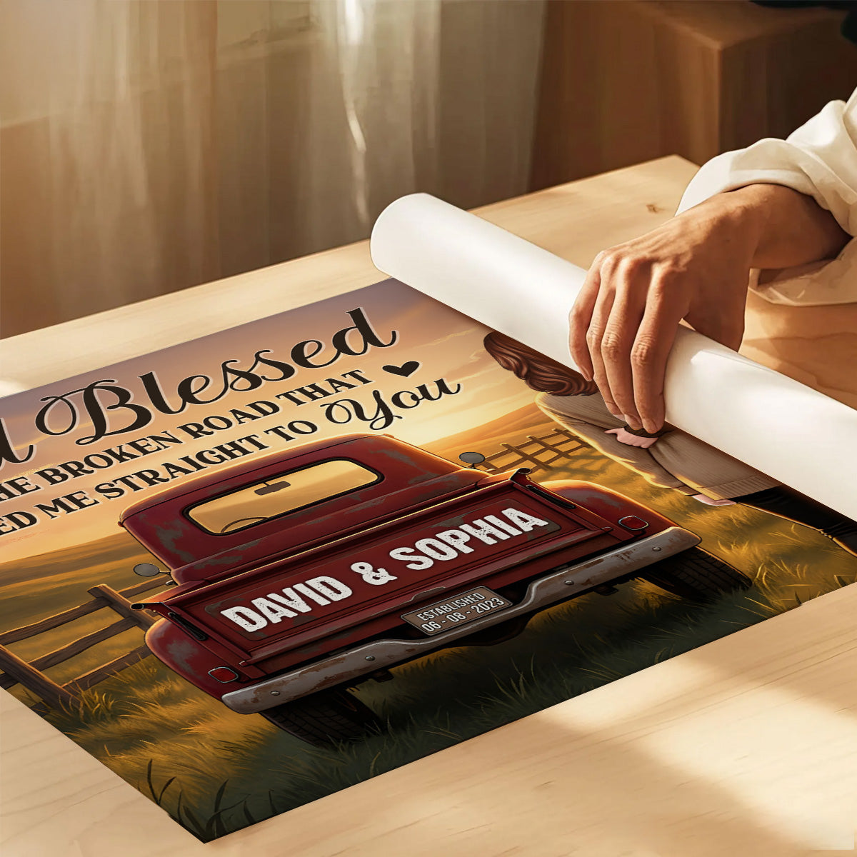 Rustic Nostalgia Red Pickup Truck Couple Together Farmhouse Decor - Personalized Poster - Heartfelt Valentine, Anniversary Gift For Him, For Her