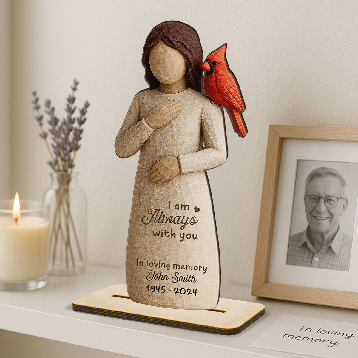 Always With You Cardinal & Woman 3D Effect Personalized Standing Wooden Plaque, Memorial Sympathy Gift