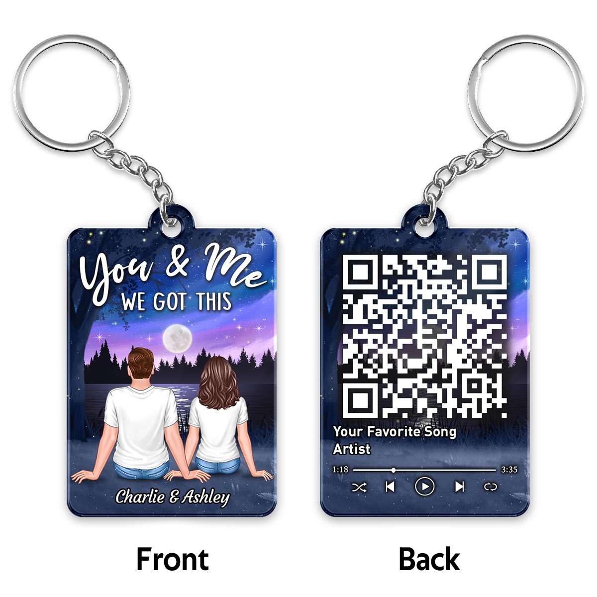 Doll Couple Sitting Lake Night Sky Favorite Song QR Code Personalized Acrylic Keychain
