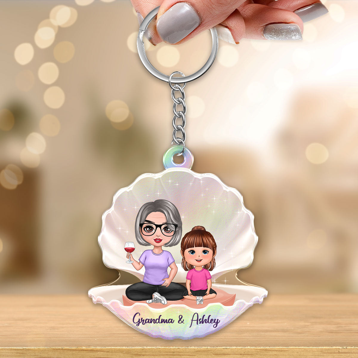 Doll Grandma Grandkid Sitting In Pearl Shell Personalized Acrylic Keychain
