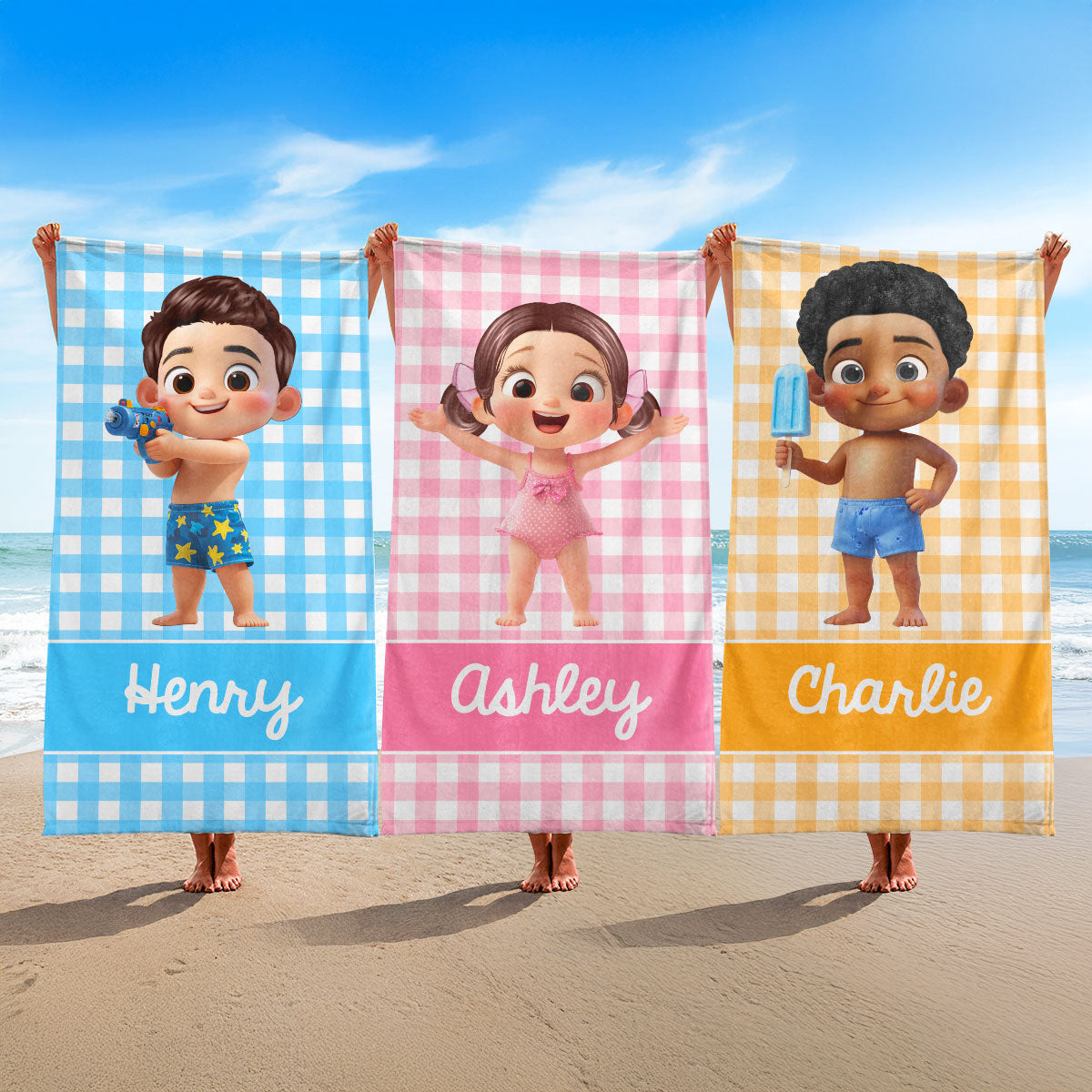 Cartoon Cute Kid Personalized Beach Towel, Pool Party Towel, Summer Camp Towel for Kids