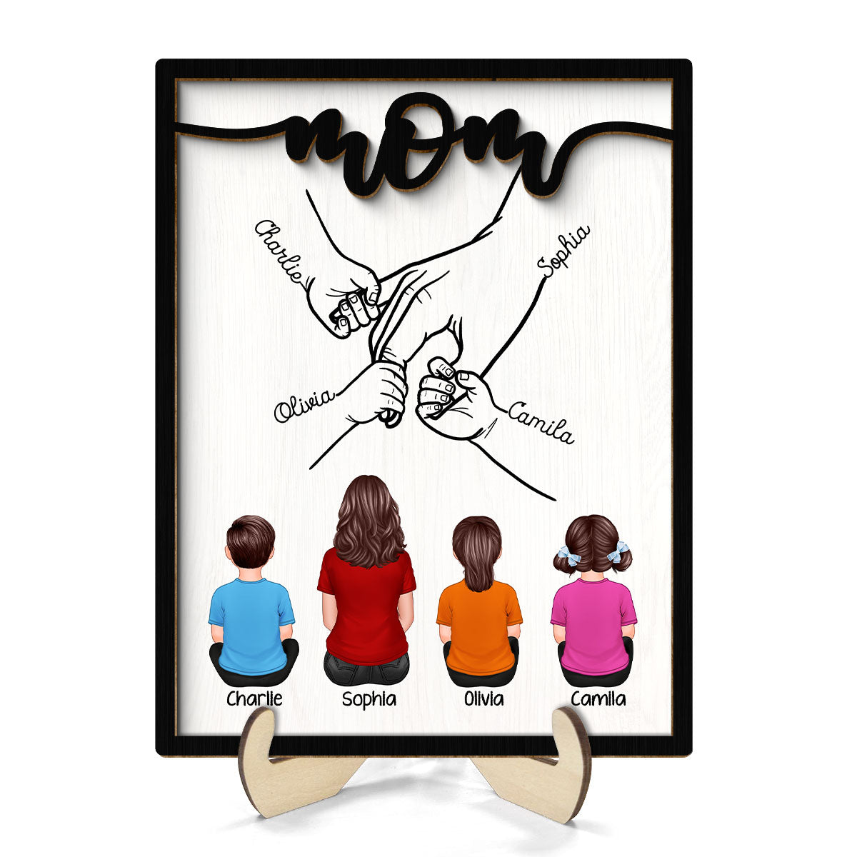 Mom And Kids Holding Hands Personalized 2-Layer Wooden Plaque