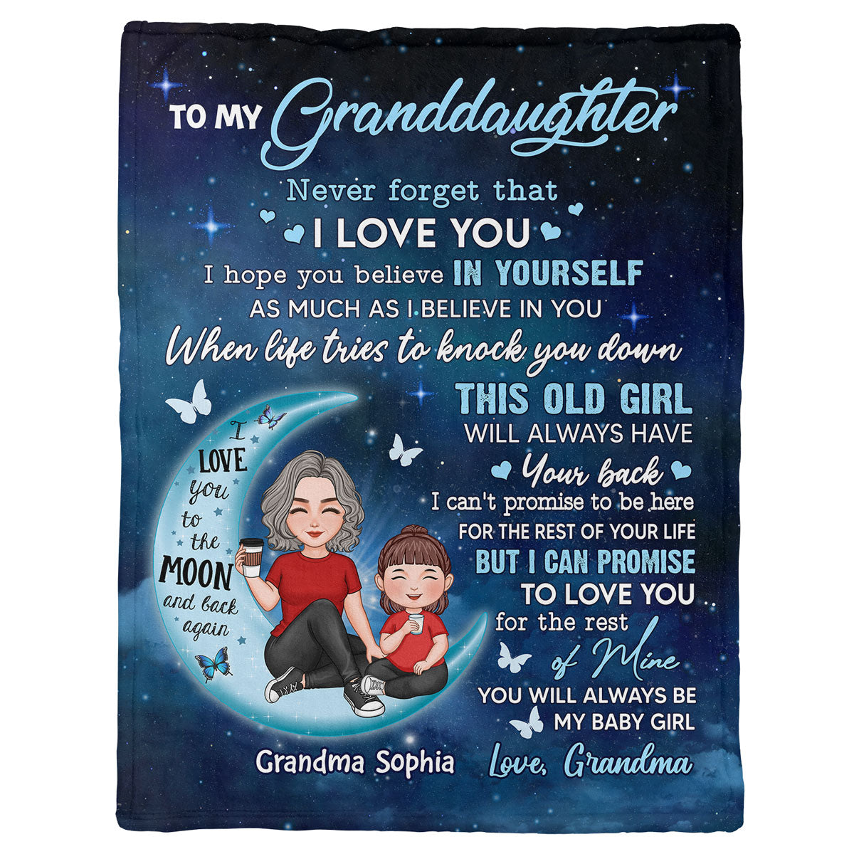 Grandma & Grandkid On Moon To My Granddaughter Grandson Personalized Fleece Blanket