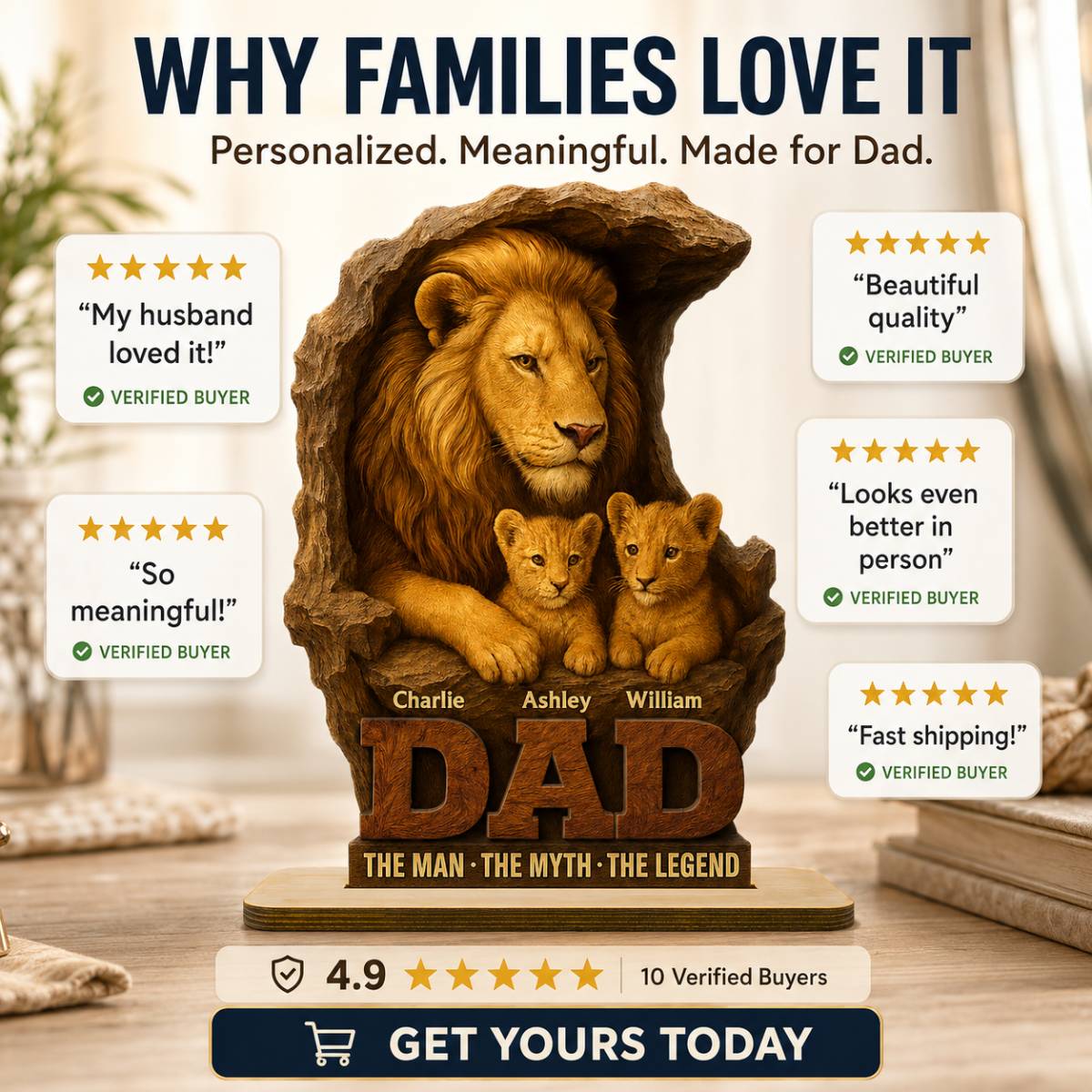 Lion Dad And Kids Personalized 2- Layer Standing Wooden Plaque, Unique  Gift For Dad