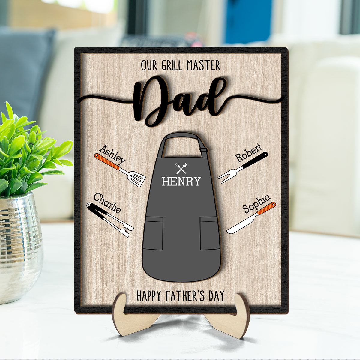 Our Grill Master Apron And Tools With Kids' Names Personalized 2-Layer Wooden Plaque,  Gift For Husband, For Dad, For Grandpa