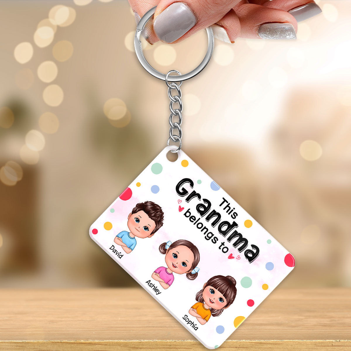 This Grandma Mom Belongs To Cute Doll Kids Watercolor Colorful Dot Personalized Acrylic Keychain
