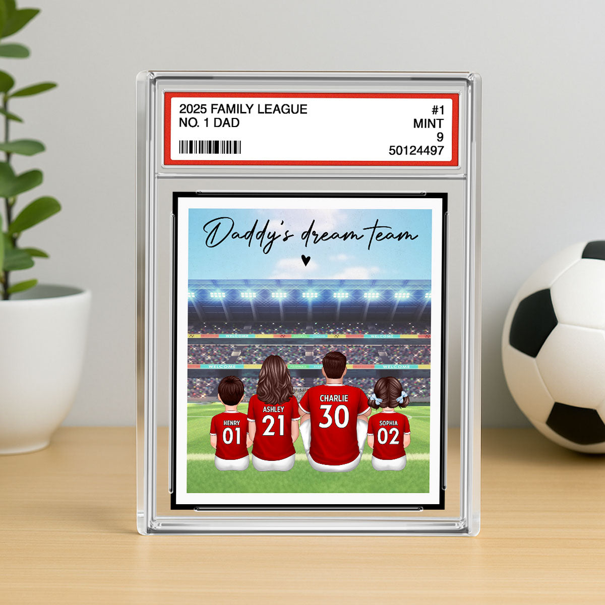 UK AU Football Daddy's Dream Team No. 1 Dad Man & Kids Sitting Trading Card Style - Personalized Acrylic Block Plaque