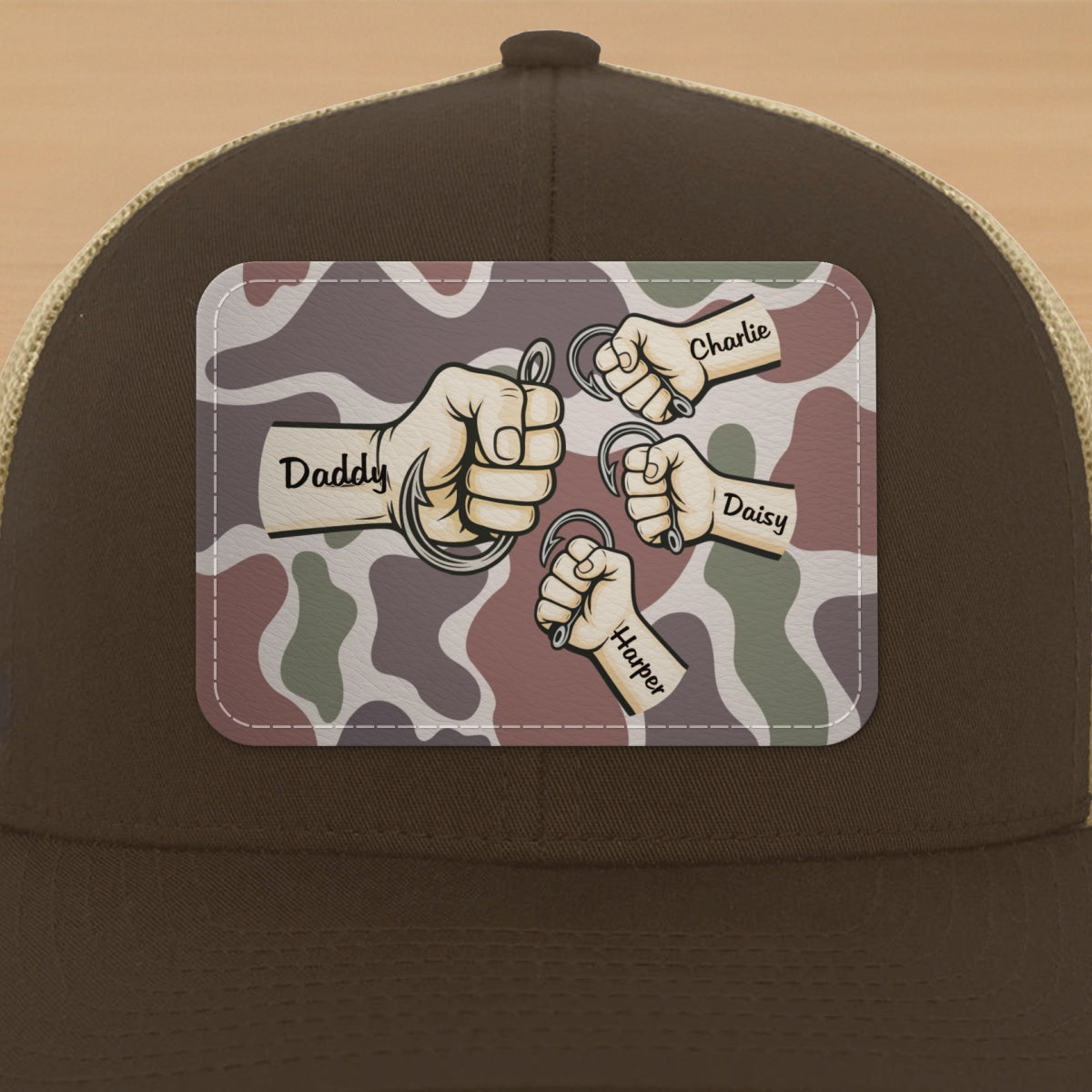 Dad Grandpa & Kids Fist Bump Fishing With Hooks Personalized Leather Patch Hat, Father's Day Gift For Husband, For Dad, For Grandpa