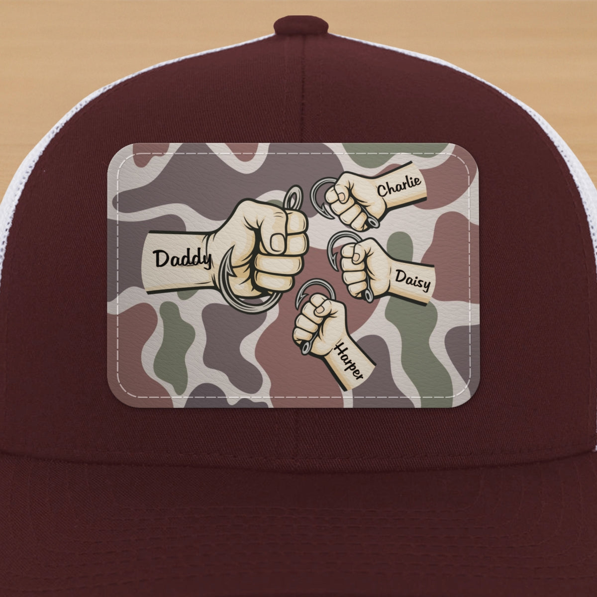 Dad Grandpa & Kids Fist Bump Fishing With Hooks Personalized Leather Patch Hat, Father's Day Gift For Husband, For Dad, For Grandpa