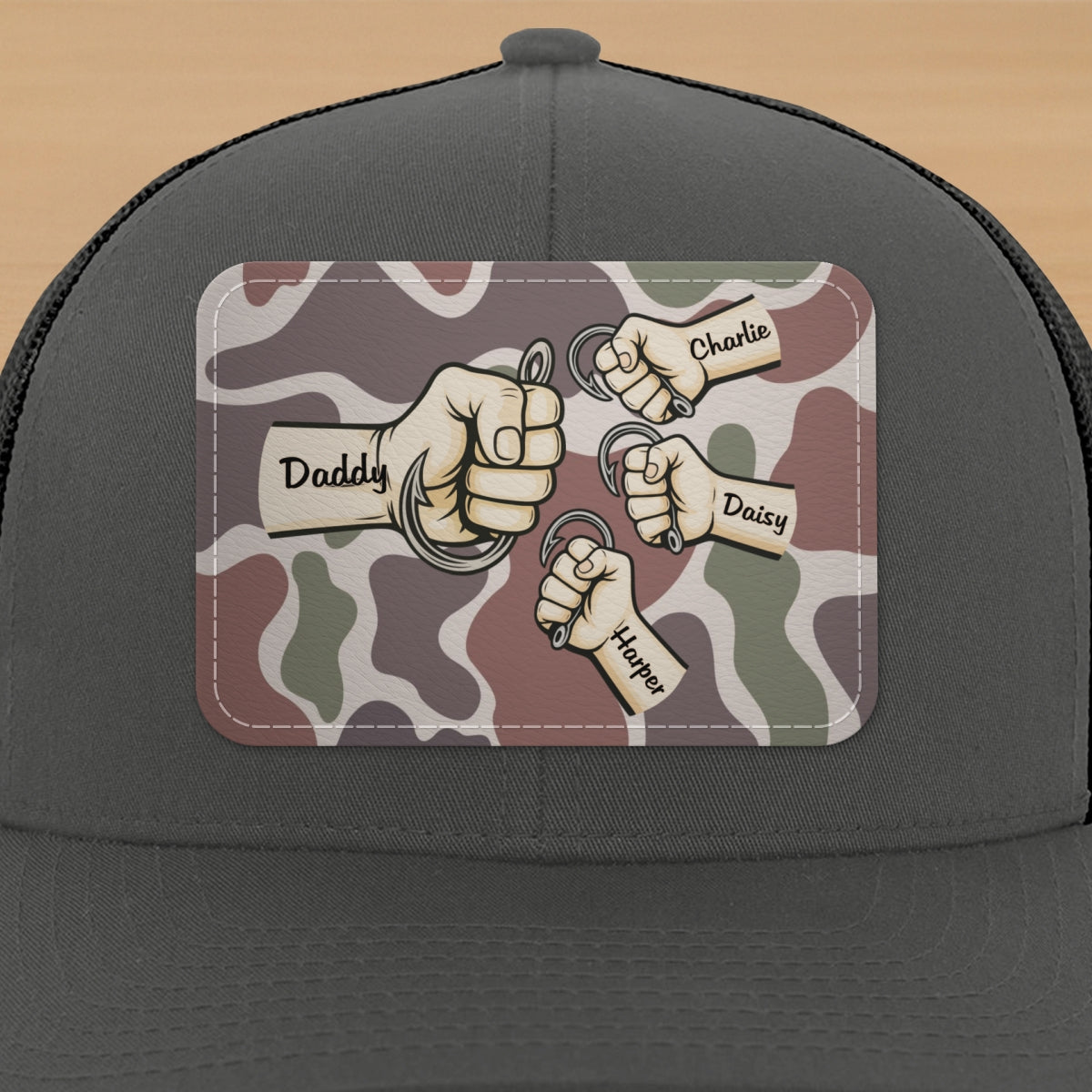 Dad Grandpa & Kids Fist Bump Fishing With Hooks Personalized Leather Patch Hat, Father's Day Gift For Husband, For Dad, For Grandpa