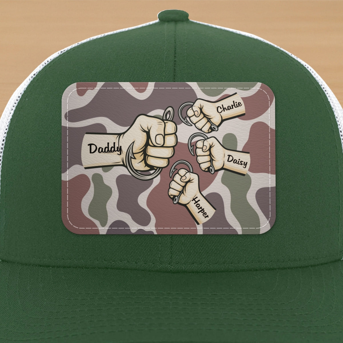 Dad Grandpa & Kids Fist Bump Fishing With Hooks Personalized Leather Patch Hat, Father's Day Gift For Husband, For Dad, For Grandpa