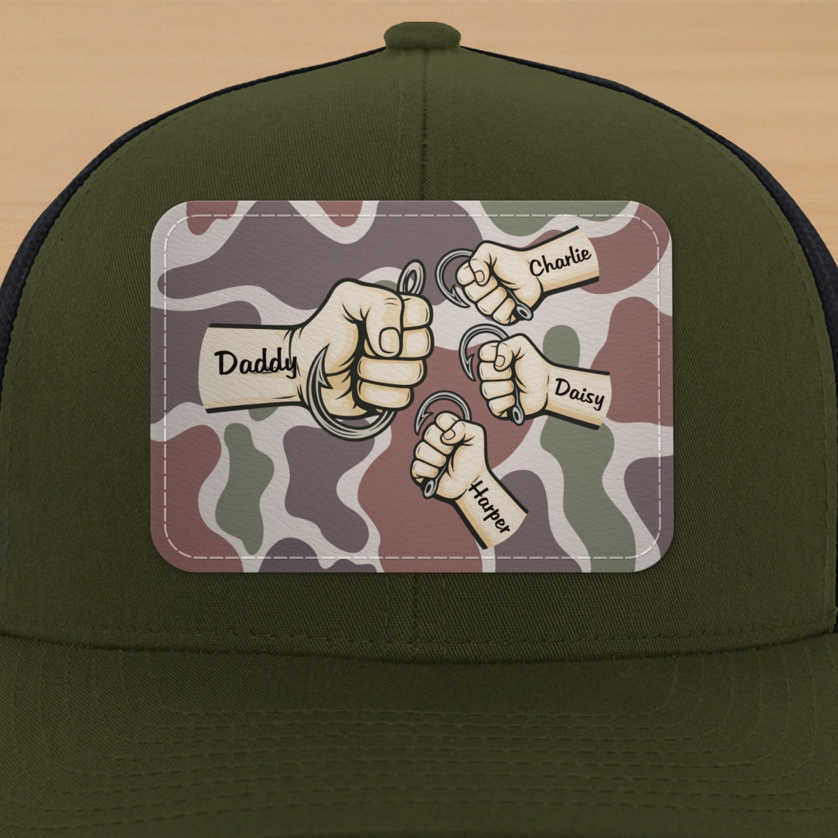 Dad Grandpa & Kids Fist Bump Fishing With Hooks Personalized Leather Patch Hat, Father's Day Gift For Husband, For Dad, For Grandpa