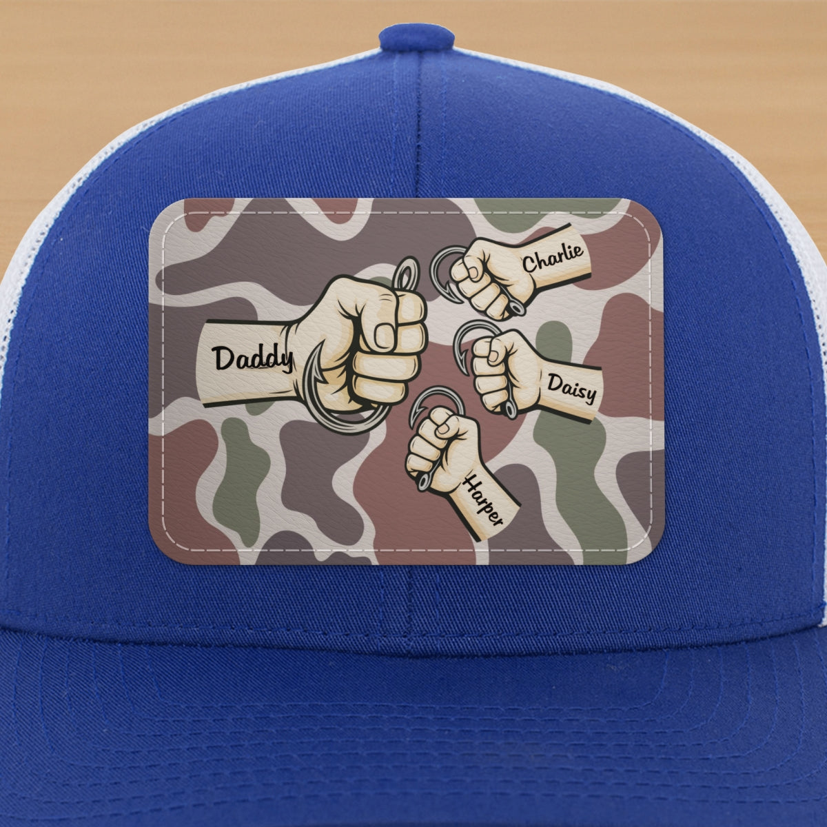 Dad Grandpa & Kids Fist Bump Fishing With Hooks Personalized Leather Patch Hat, Father's Day Gift For Husband, For Dad, For Grandpa