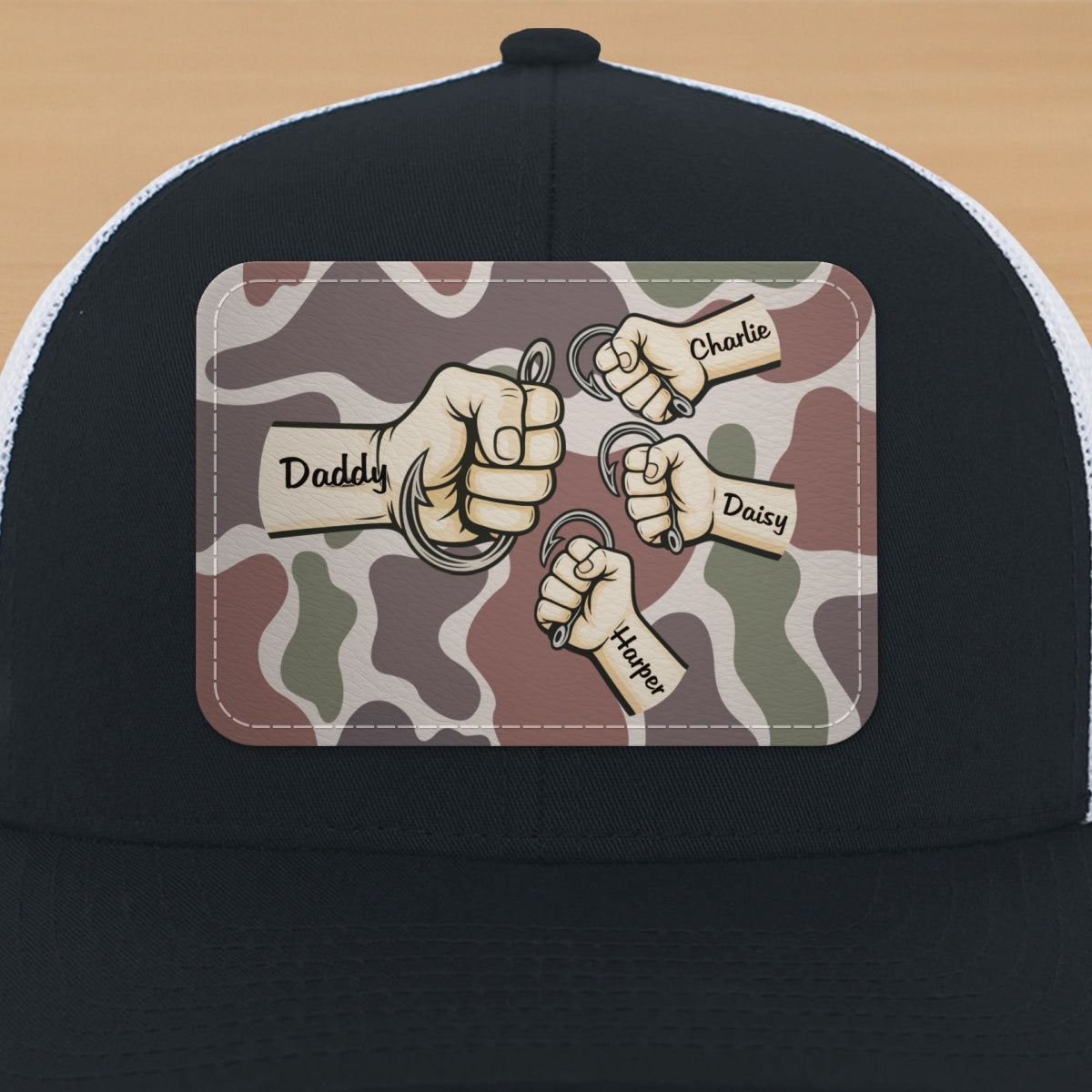 Dad Grandpa & Kids Fist Bump Fishing With Hooks Personalized Leather Patch Hat, Father's Day Gift For Husband, For Dad, For Grandpa