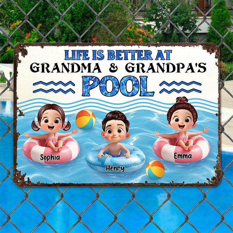 Life is Better at Grandma & Grandpa Pool Personalized Metal Sign, Grandchildren Welcome Sign