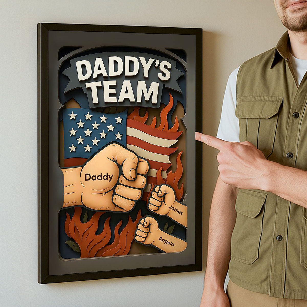 Daddy's Team Fist Bump 3D Effect Layered Personalized Poster, Father's Day Gift for Dad