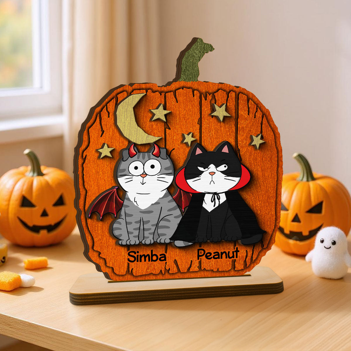 Halloween Funny Cats Pumpkin Shaped Personalized 2-Layer Standing Wooden Plaque, Spooky Halloween Tabletop, Tiered Tray, Shelf Sitter Decoration