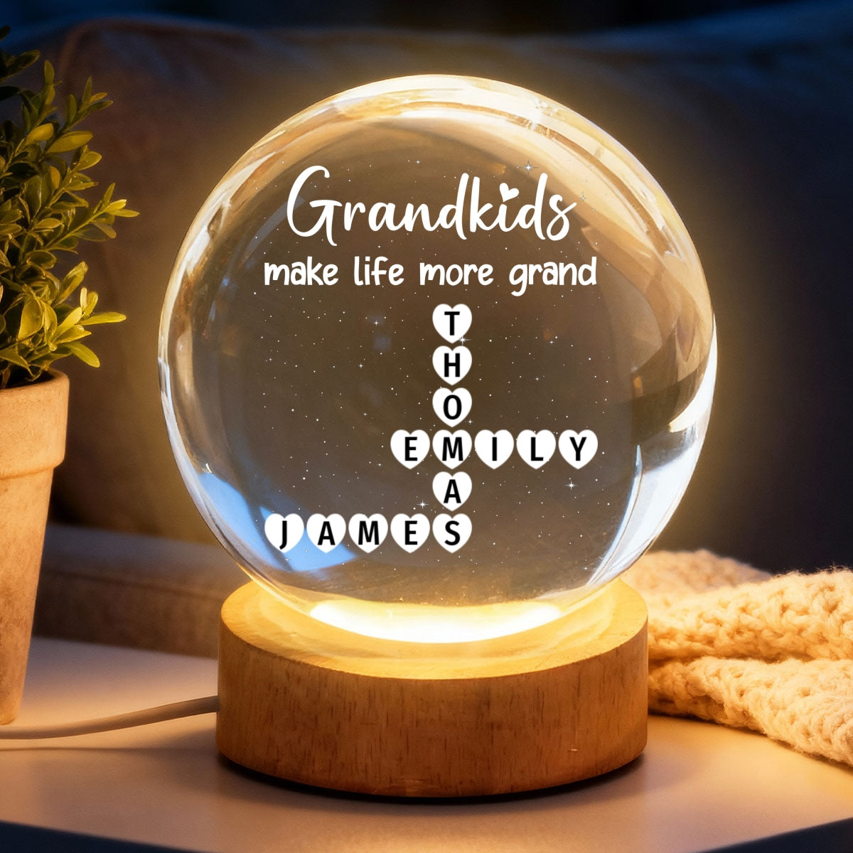 Grandkids Make Life Grand Crossword Puzzle Art - Personalized Crystal Ball Night Light
