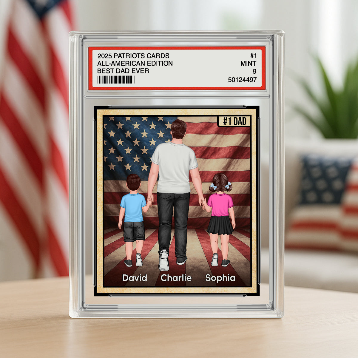 Nation Flag Dad & Kids Walking Patriotic Dad Trading Card Style Personalized Acrylic Block Plaque