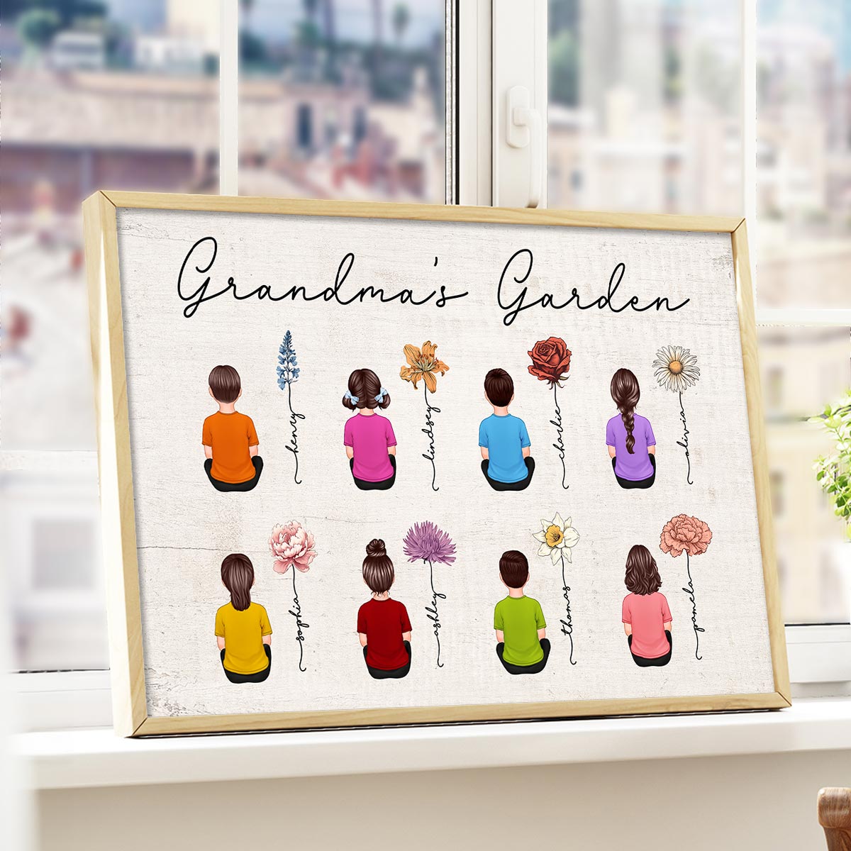 Vintage Birth Month Flowers Garden With Grandkids Names Personalized Poster, Perfect Gift For Grandma Mom Auntie