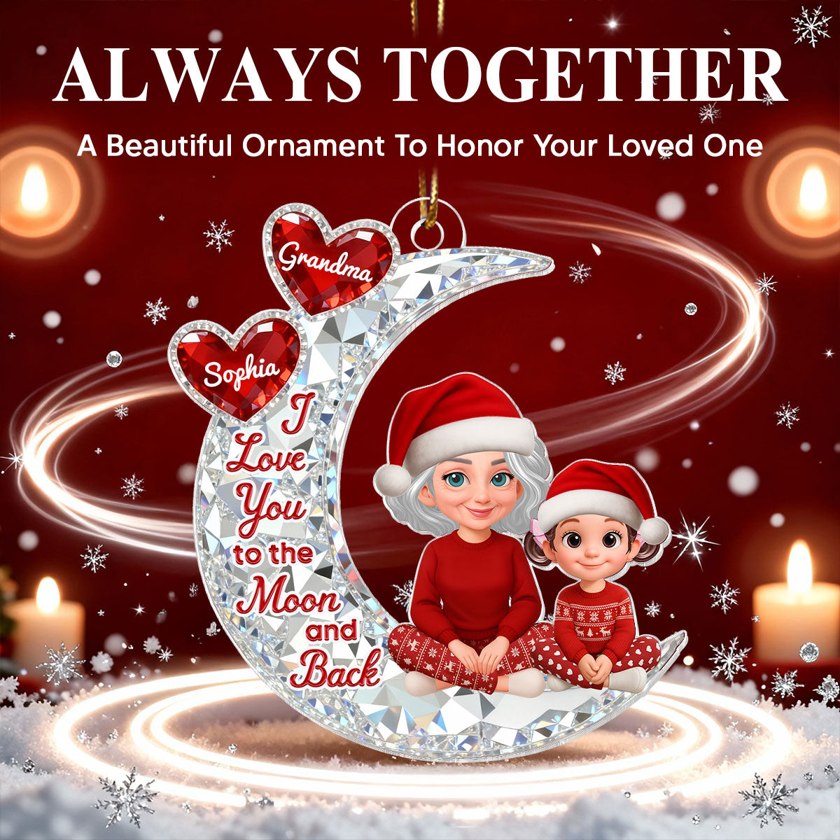 3D Effect Flat Grandma Grandkid On Moon - Personalized Acrylic Ornament - Gift For All Grandkids