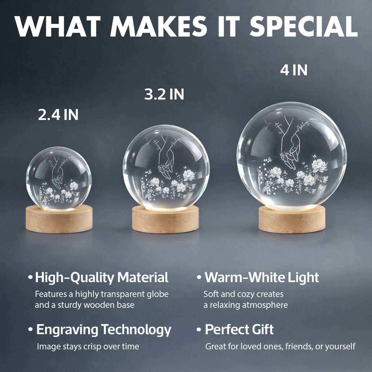 I Love You Couple Hand Print Birth Flower - Personalized Crystal Ball LED Night Light - Sentimental Gift for him, for her