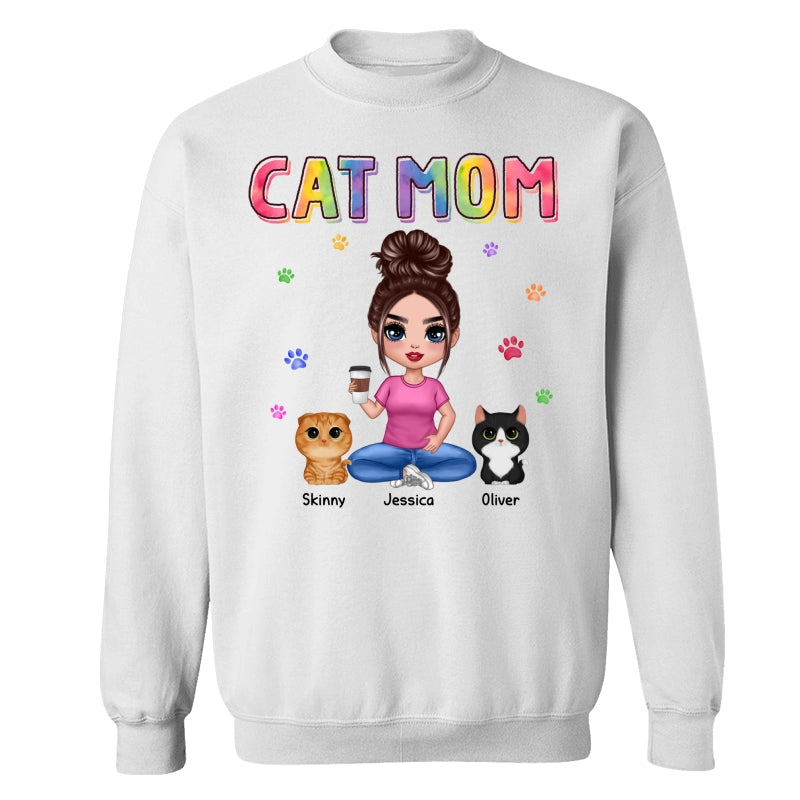 Colorful Paws Cat Mom Doll Woman Sitting With Watercolor Cute Cats Personalized Shirt
