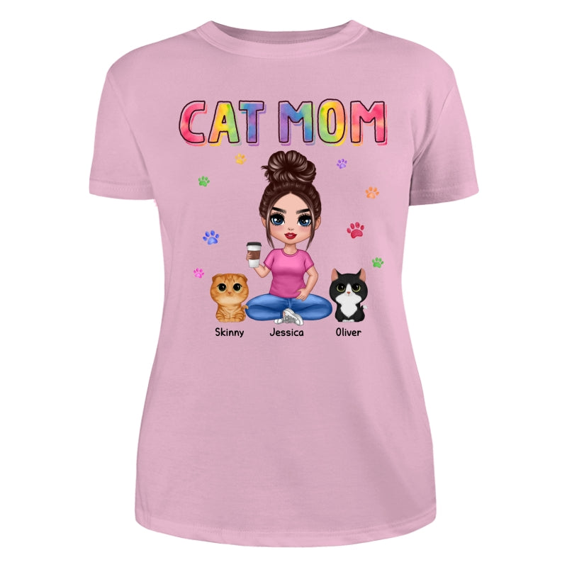 Colorful Paws Cat Mom Doll Woman Sitting With Watercolor Cute Cats Personalized Shirt