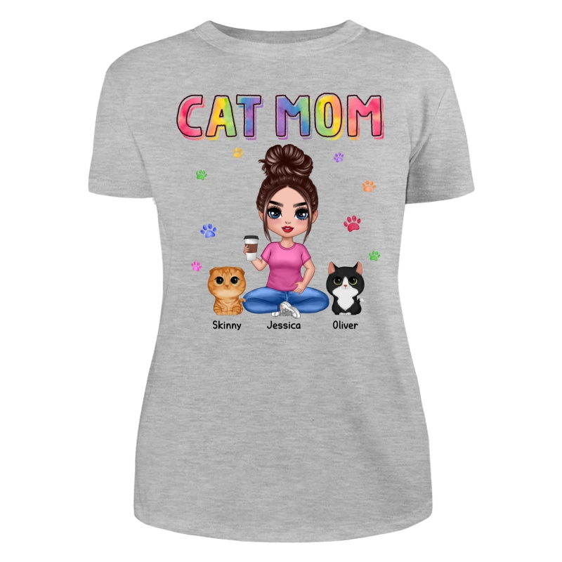 Colorful Paws Cat Mom Doll Woman Sitting With Watercolor Cute Cats Personalized Shirt