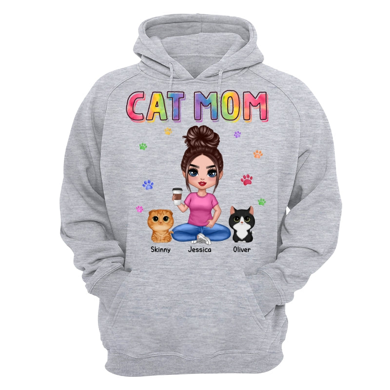 Colorful Paws Cat Mom Doll Woman Sitting With Watercolor Cute Cats Personalized Shirt