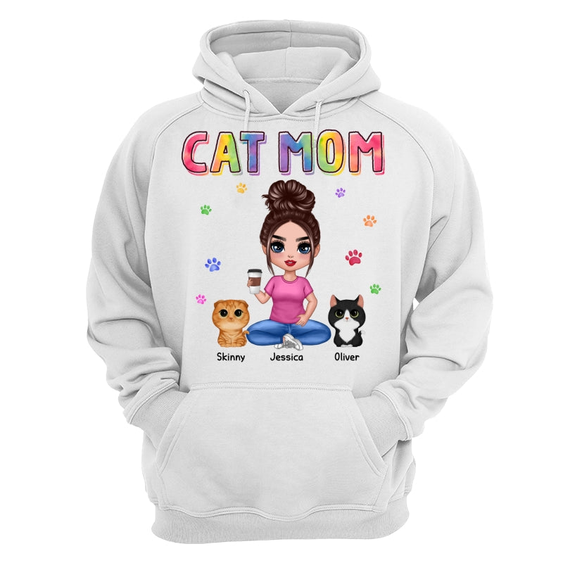 Colorful Paws Cat Mom Doll Woman Sitting With Watercolor Cute Cats Personalized Shirt