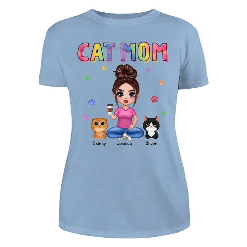 Colorful Paws Cat Mom Doll Woman Sitting With Watercolor Cute Cats Personalized Shirt