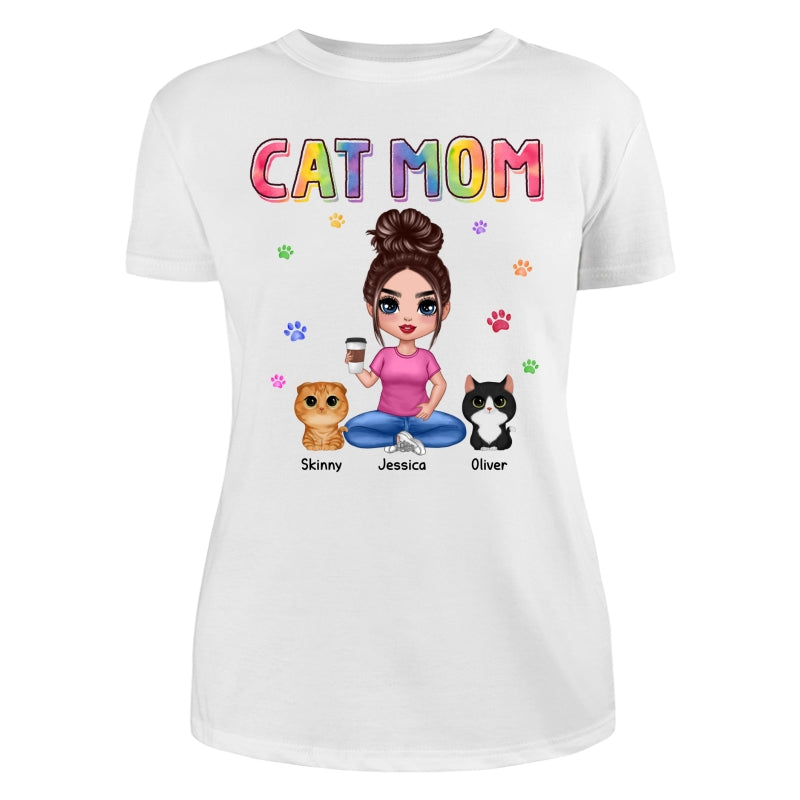 Colorful Paws Cat Mom Doll Woman Sitting With Watercolor Cute Cats Personalized Shirt