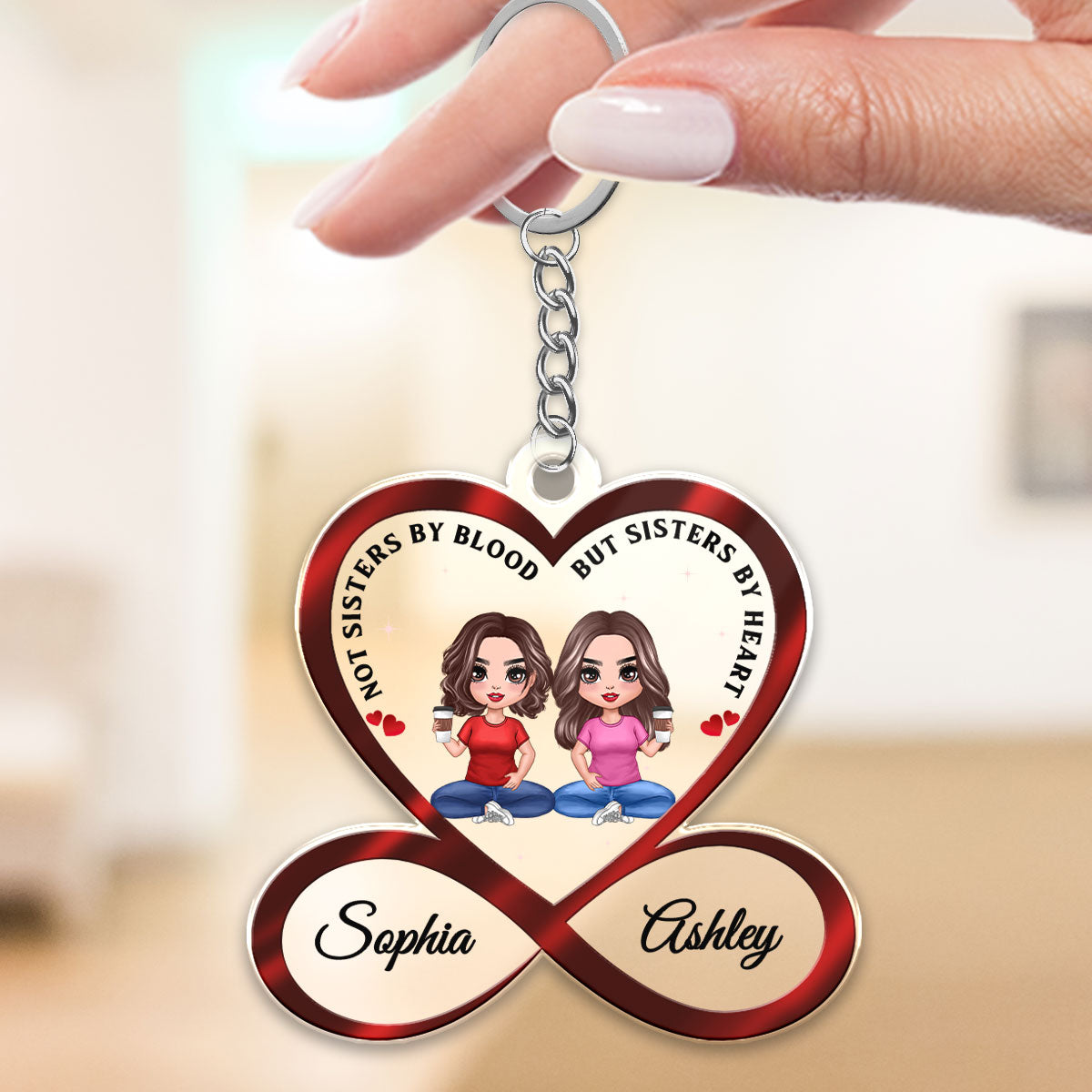 Infinity Heart Doll Besties Sitting Not Sisters By Blood But Sisters By Heart Personalized Acrylic Keychain