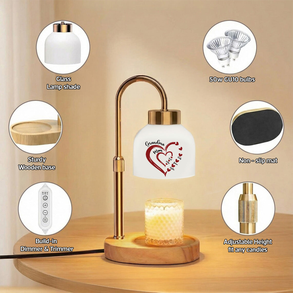 Grandma Mom Heart Custom Kids Names - Personalized Candle Warmer Lamp - Gift For Grandma, Mom