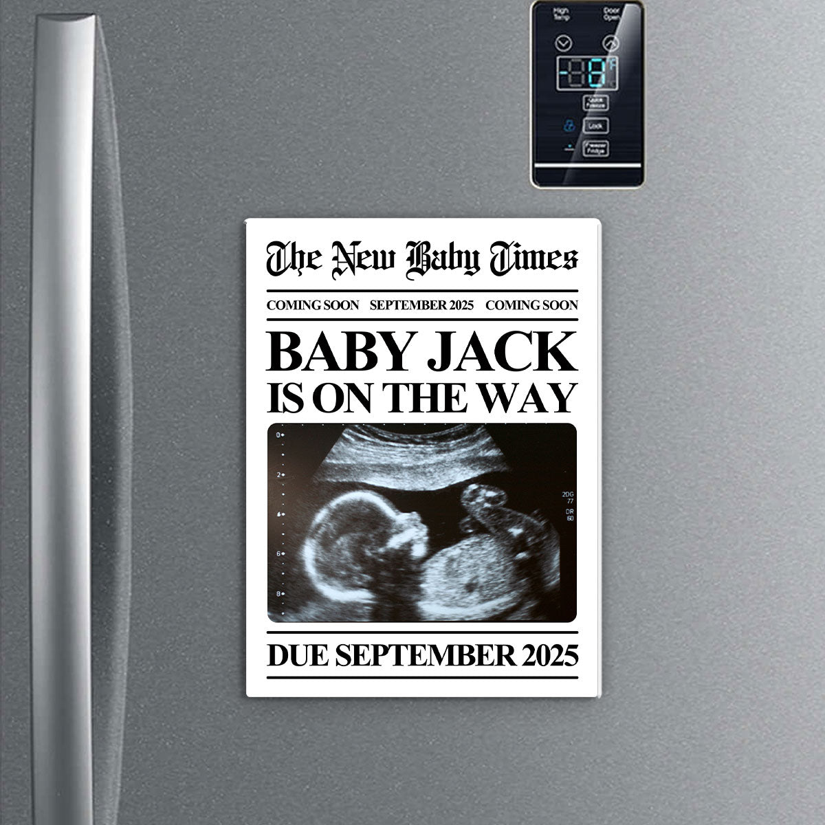 Newspaper Baby Coming Soon Personalized Acrylic Fridge Magnet, Unique Pregnancy Announcement
