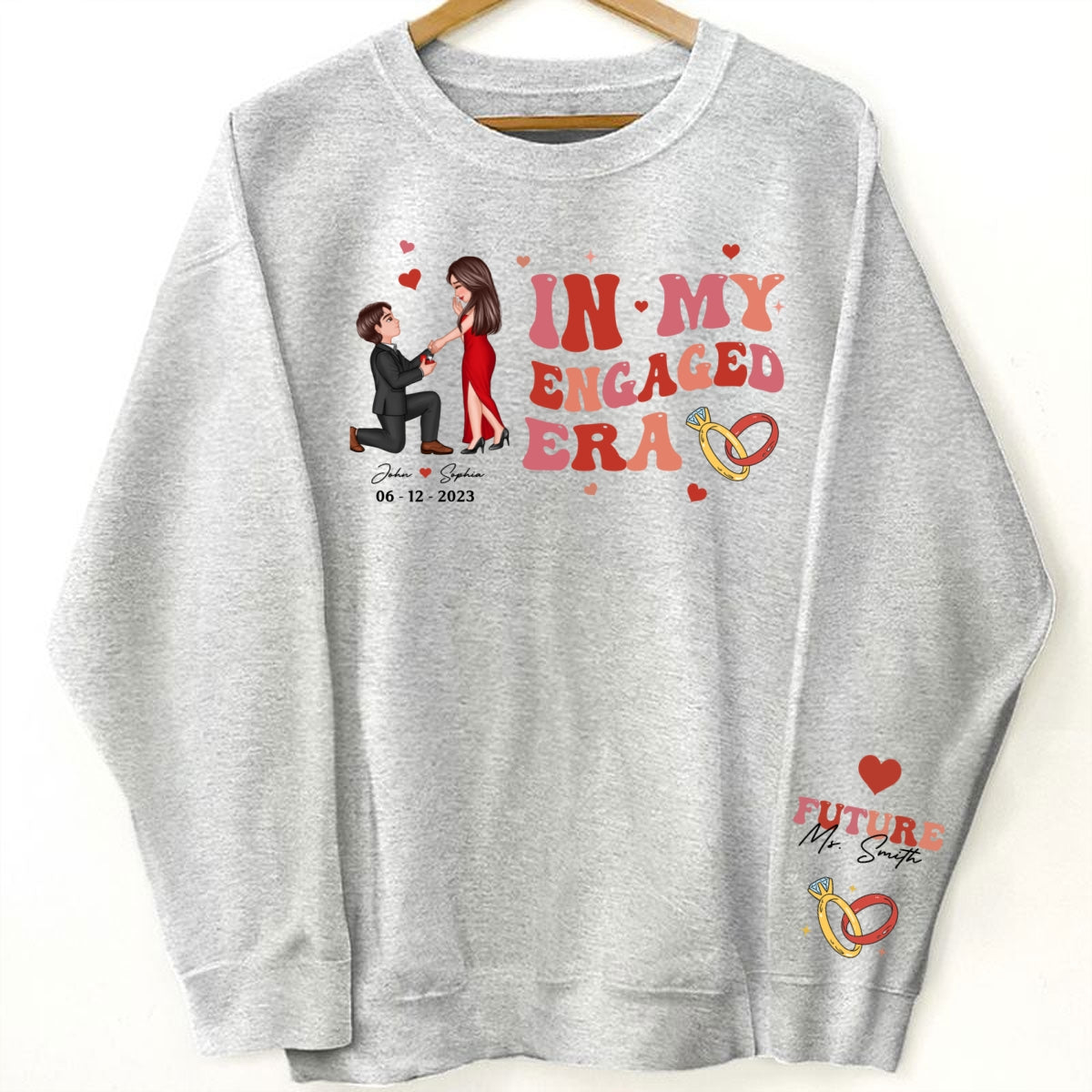 In My Engaged Era Proposing Couple Personalized Sleeved Printed Sweatshirt,  Gift, Engagement Gift For Her, Gift For The Bride-To-Be