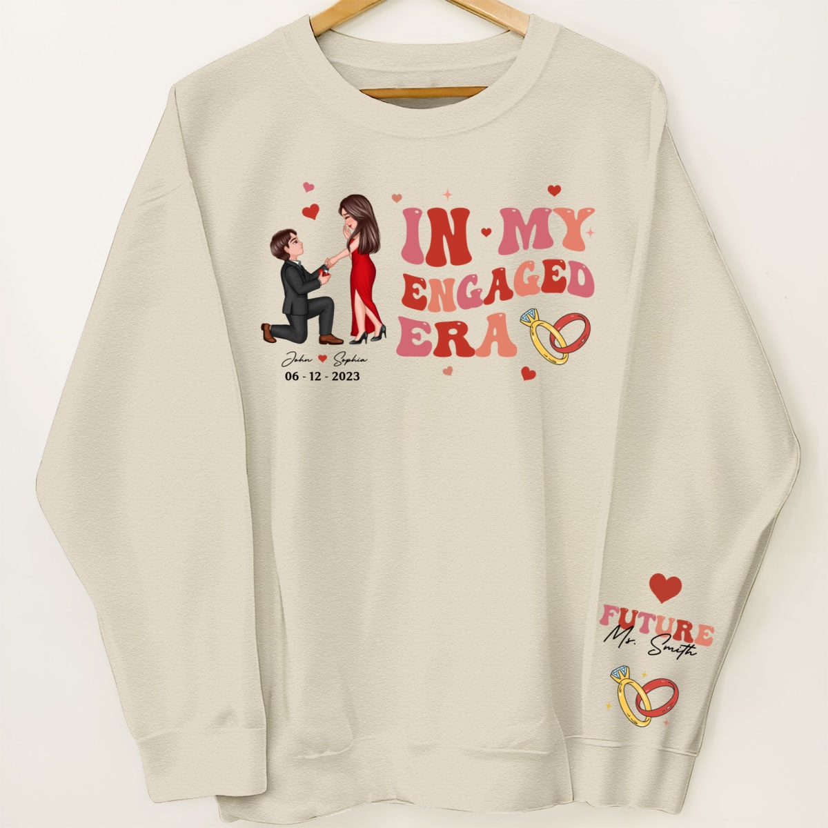 In My Engaged Era Proposing Couple Personalized Sleeved Printed Sweatshirt,  Gift, Engagement Gift For Her, Gift For The Bride-To-Be