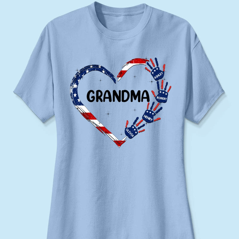 Grandma Mom Heart Handprints 4th Of July Independence Day Personalized Shirt