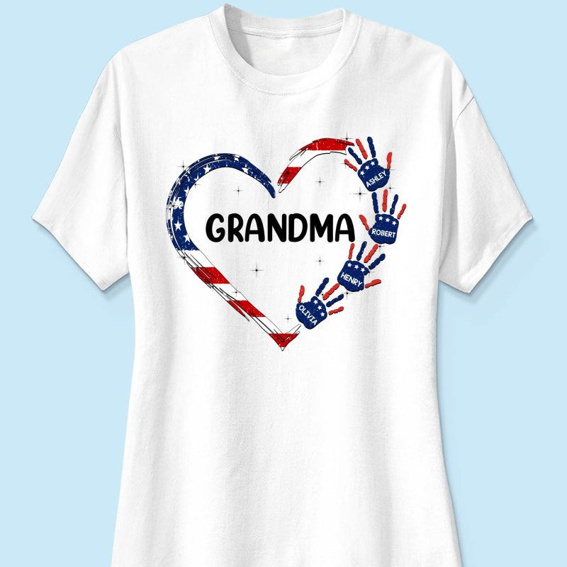 Grandma Mom Heart Handprints 4th Of July Independence Day Personalized Shirt