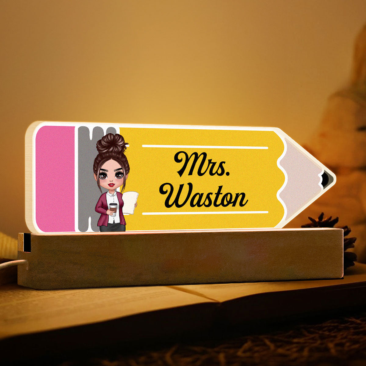Doll Teacher Pencil Shaped Personalized Acrylic LED Night
