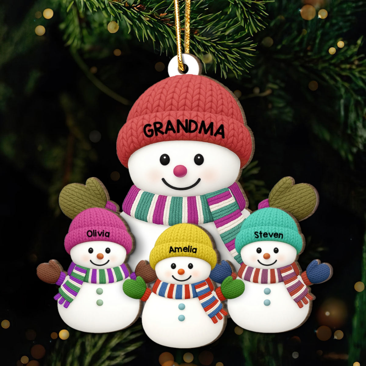 Christmas Grandma Grandkids Snowman Together Christmas - Personalized 2-Layer Wooden Ornament