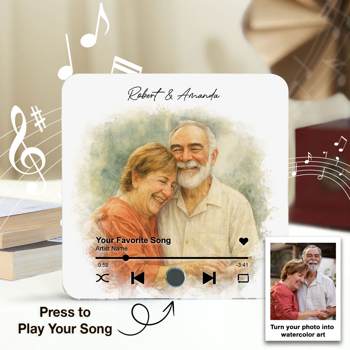 Custom Couple Watercolor Portrait from Photo Personalized Music Fridge Magnet, Gift for him, Gift for her