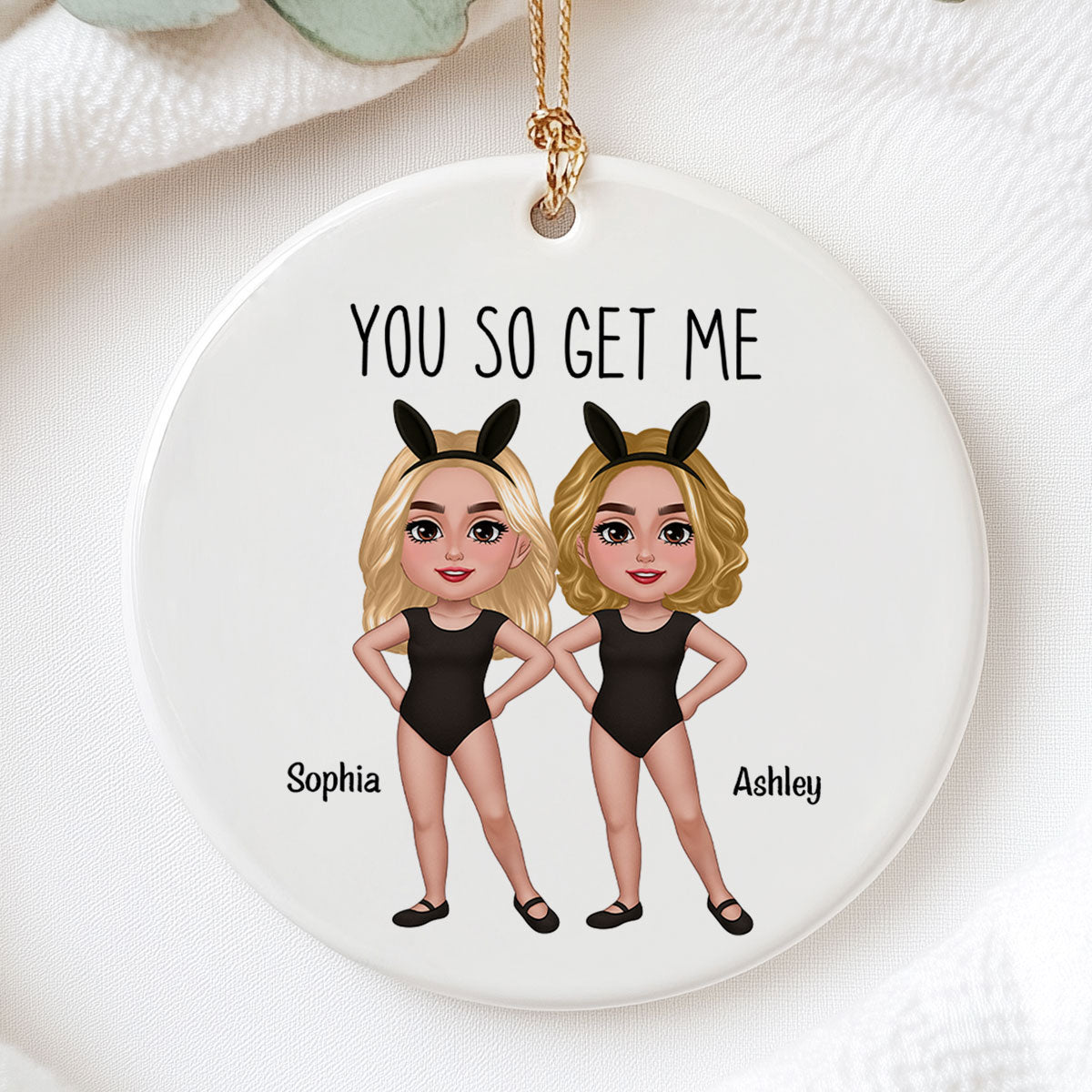 Besties Sisters With Bunny Ears Personalized Circle Ceramic Ornament, Funny Gift for Besties, Friends