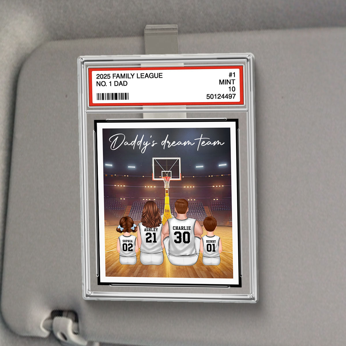 Basketball No. 1 Dad Man & Kids Sitting Trading Card Style Personalized Acrylic Car Visor Clip