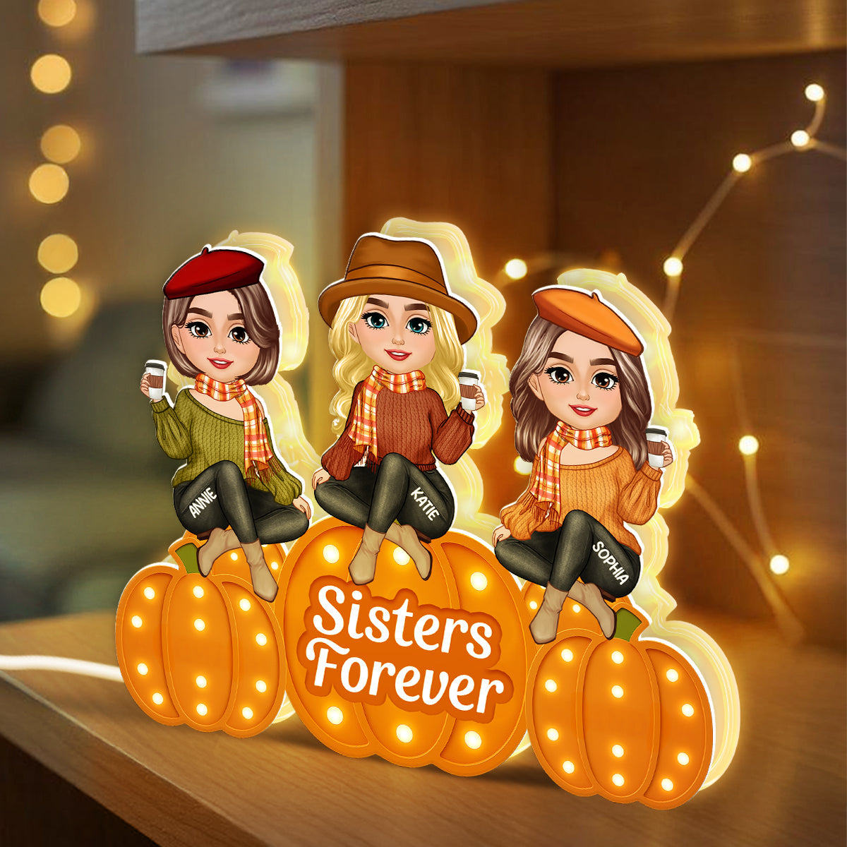 Fall Season Sisters On Marquee Pattern Texture Pumpkins Personalized LED Light Box