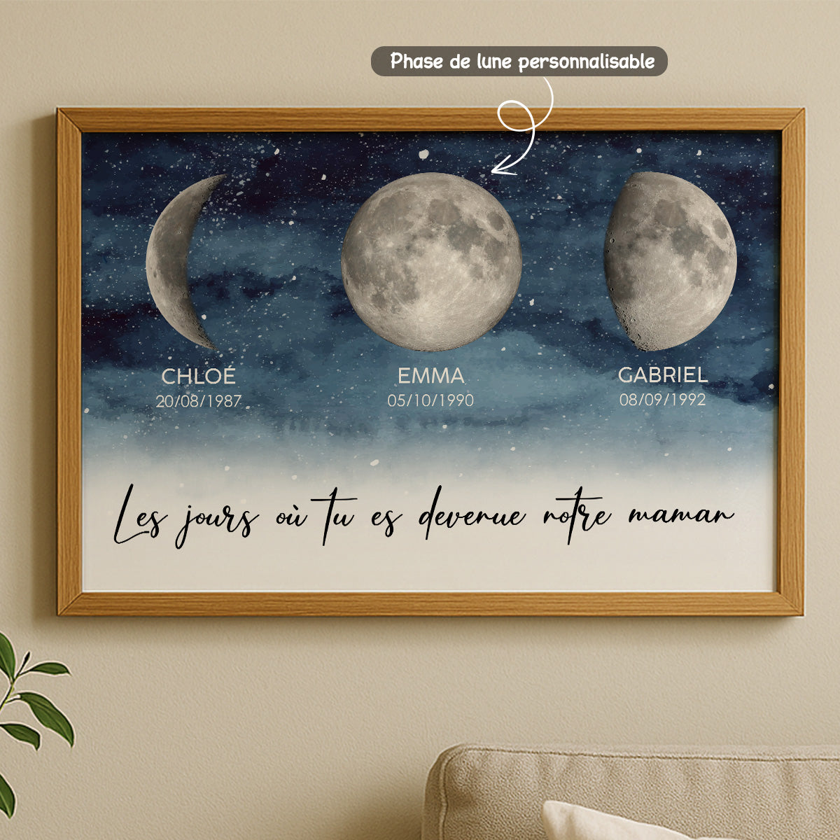 Nuit toile Le jour o tu es devenue Maman, Mamie – Affiche personnalise avec phases de lune de naissance – Cadeau de Fte des Mres pour Maman ou Mamie