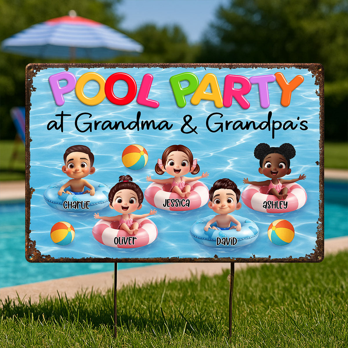 Pool Party At Grandma Grandpa Personalized Metal Sign, Grandchildren Welcome Sign