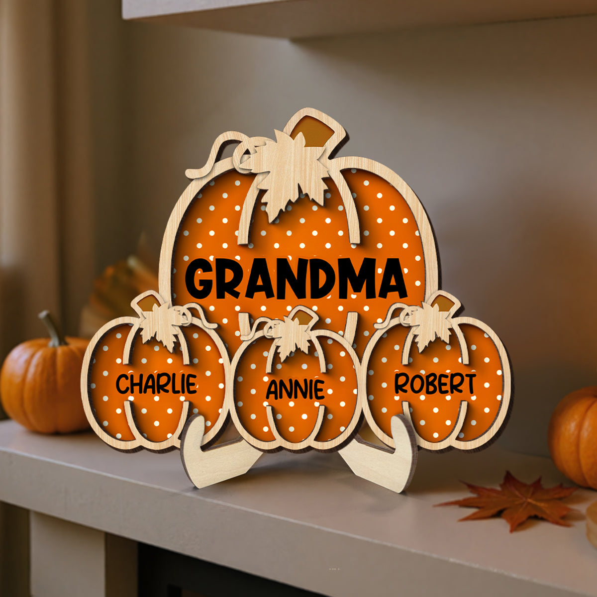 Fall Season Grandma Little Pumpkins Polka Dot Pattern Personalized 2-Layer Wooden Plaque