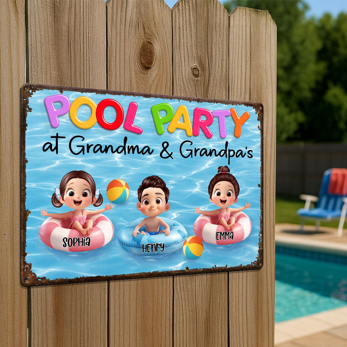 Pool Party At Grandma Grandpa Personalized Metal Sign